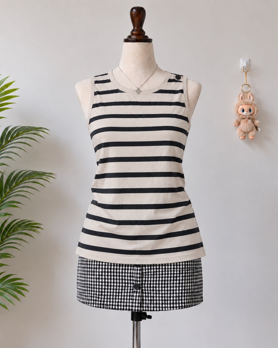 Beige and Black Striped Sleeveless Top