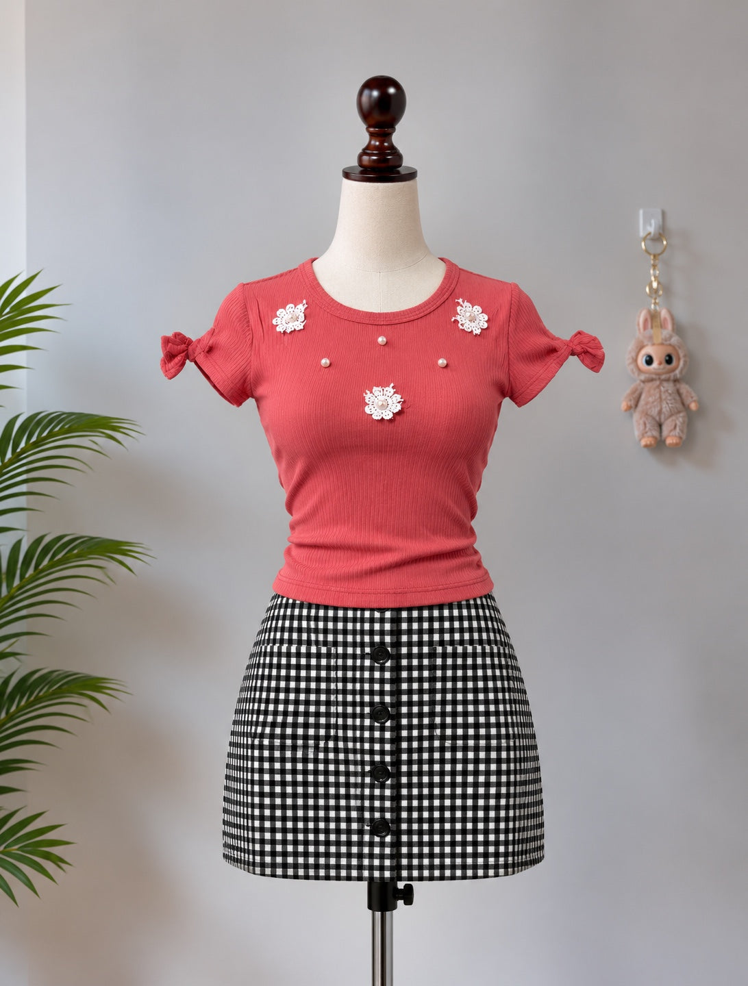 Coral Pink Floral Pearl Detail T-Shirt