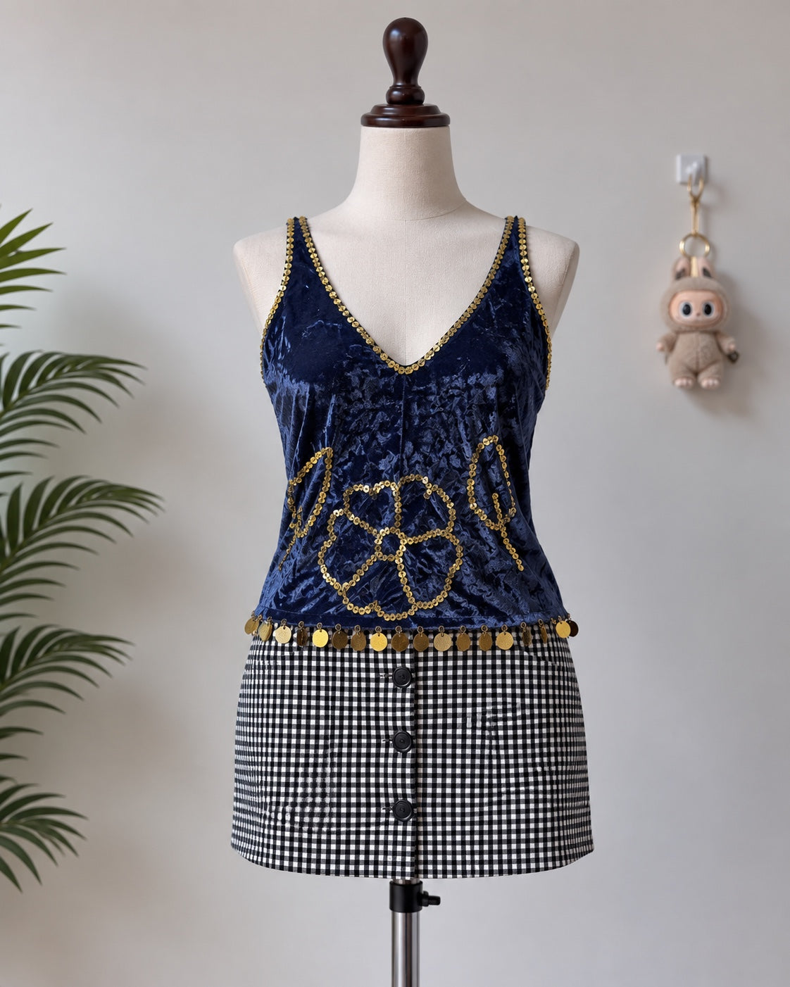 Navy Velvet Gold Sequin Camisole Top