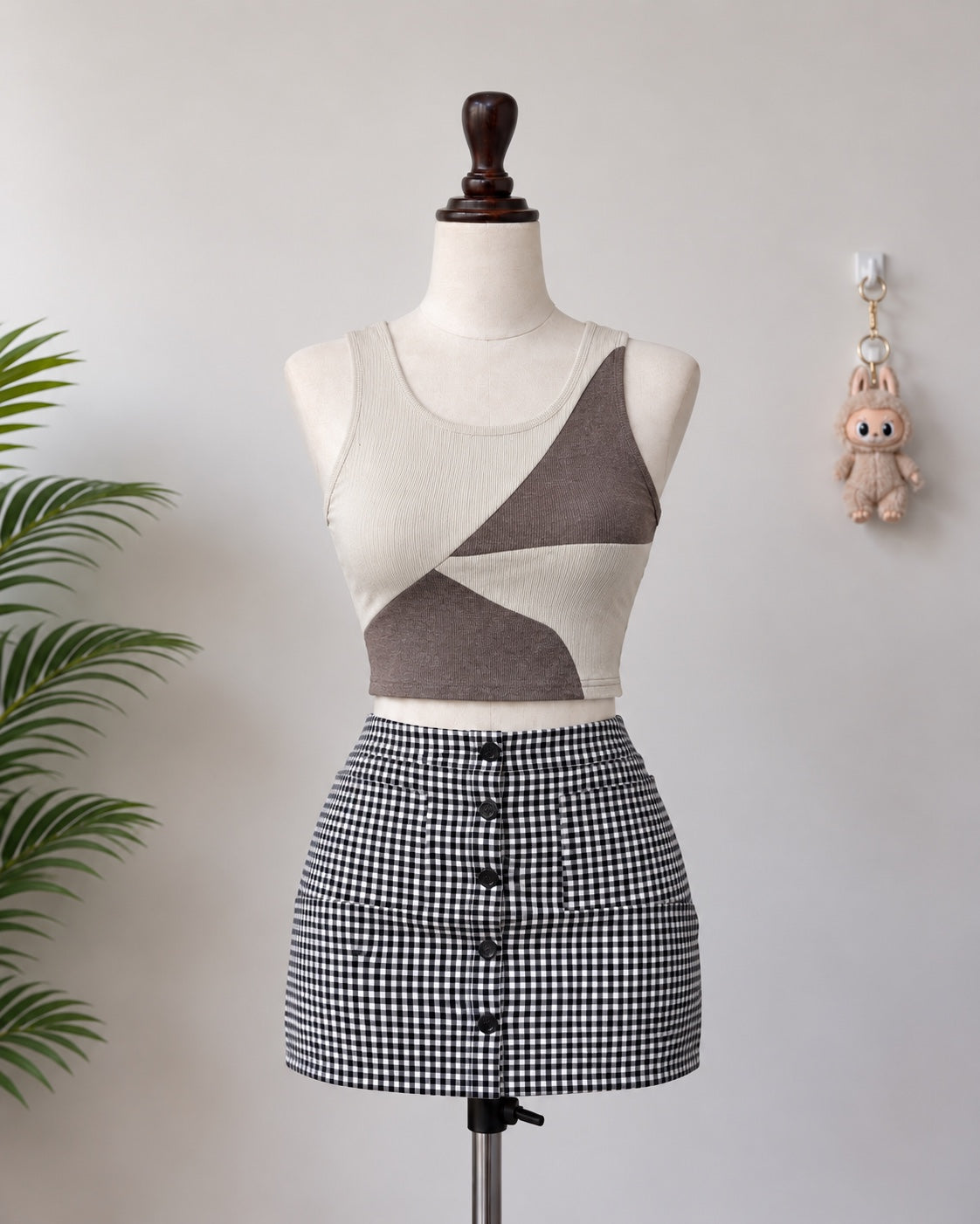 Beige Brown Colorblock Ribbed Crop Tank Top