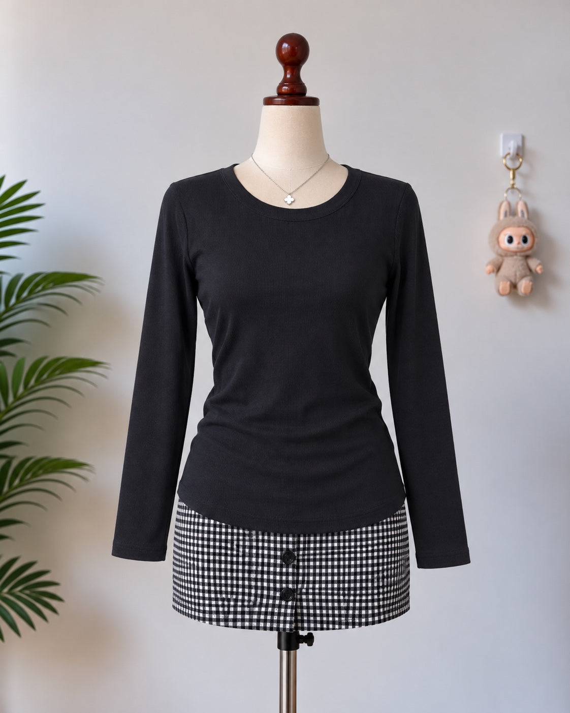 Black ribbed long sleeve scoop neck top