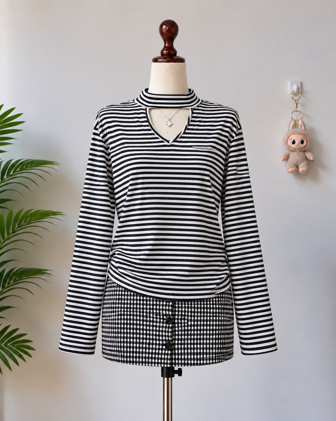 Black and white striped choker neck long sleeve top