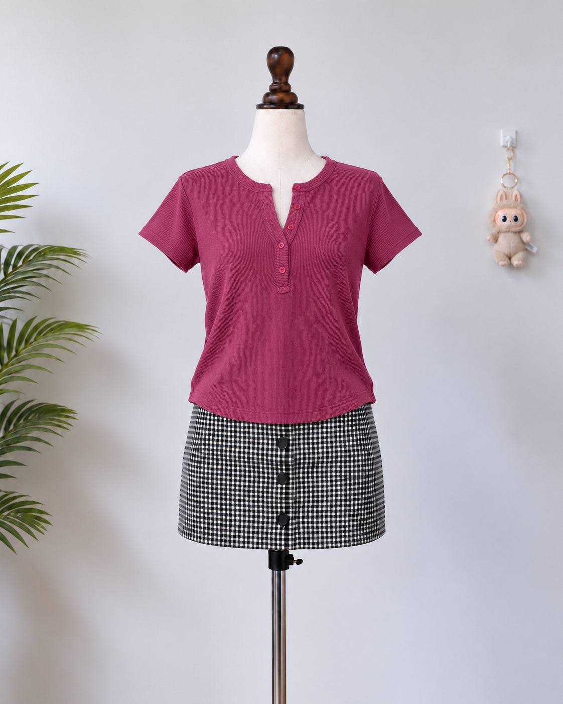 Pink ribbed henley tee