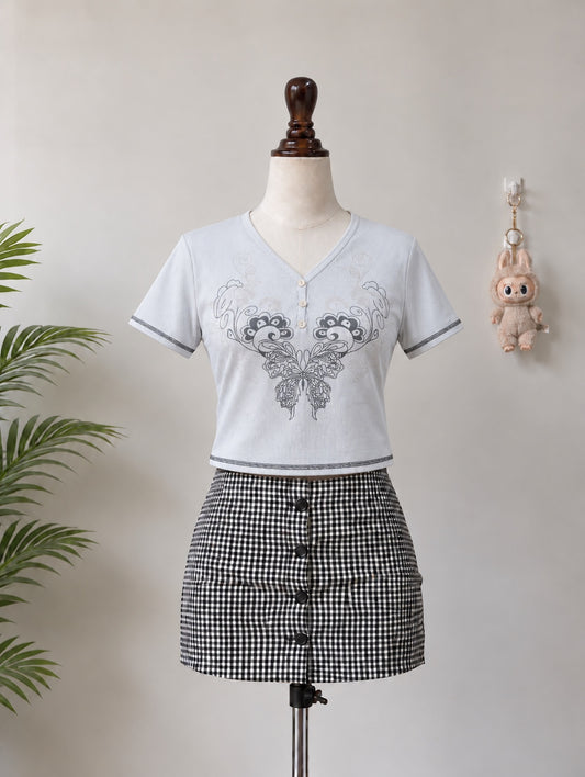 Light Grey Graphic V-Neck Crop Top