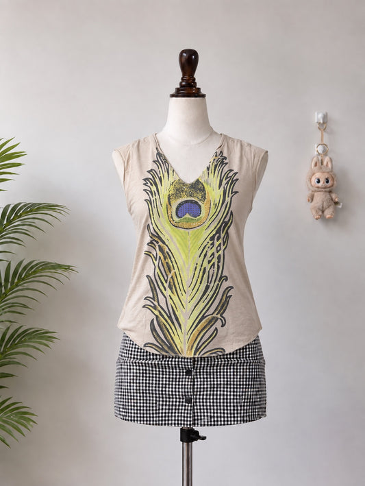 Beige Feather Print Sleeveless Top