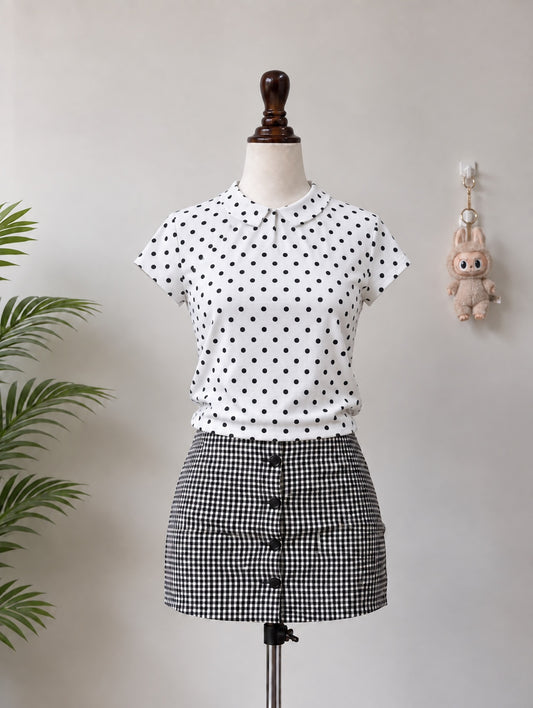 White Polka Dot Collared Crop Top