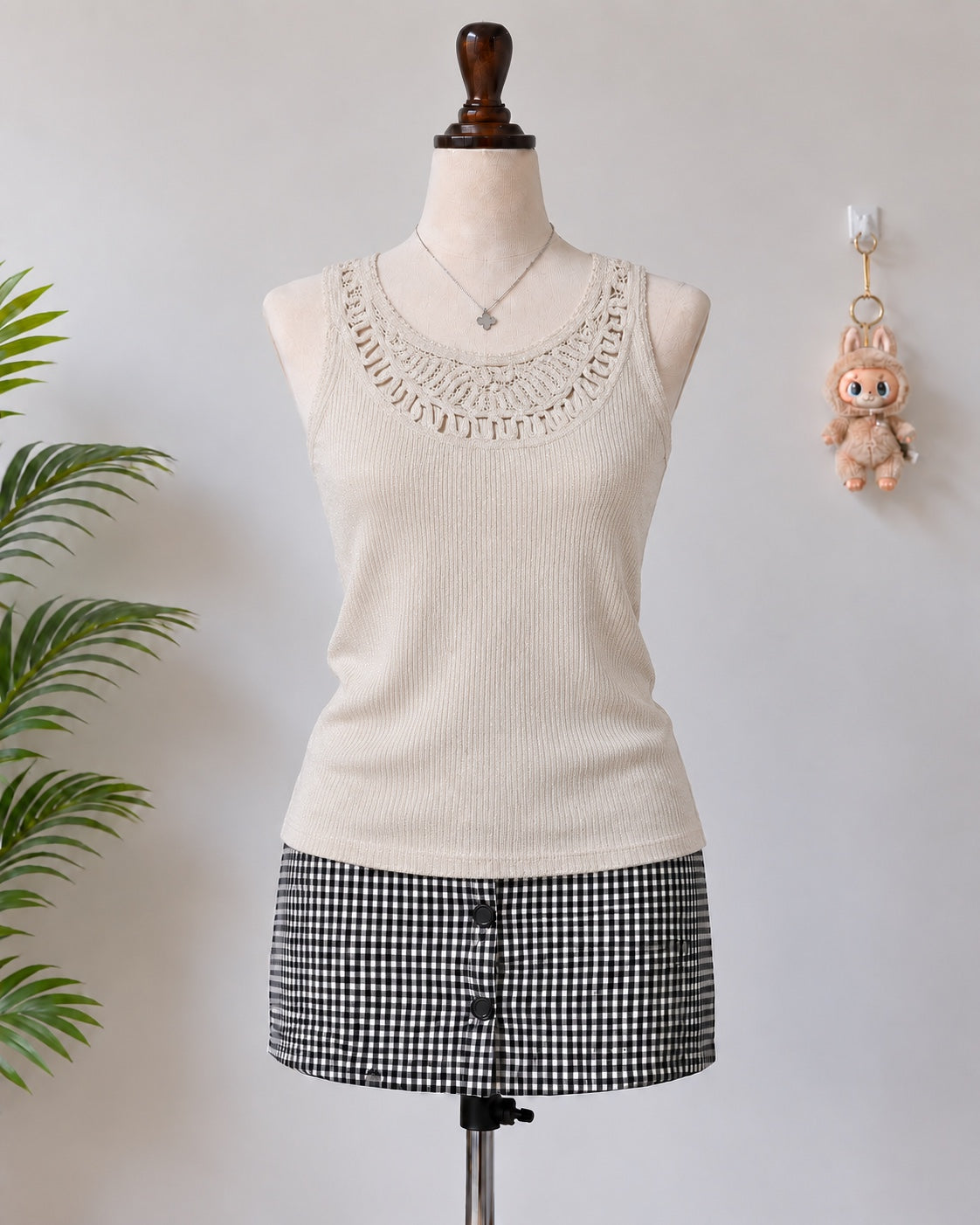 Cream Crochet Neckline Sleeveless Top