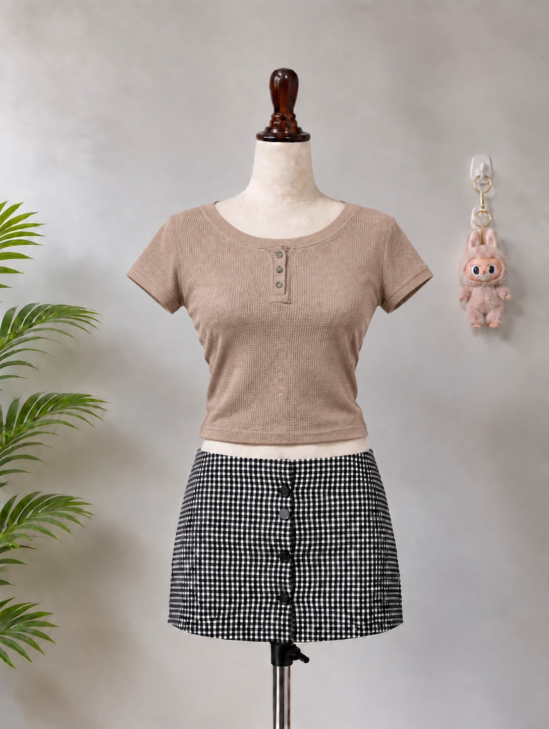 Tan Ribbed Henley Crop Top