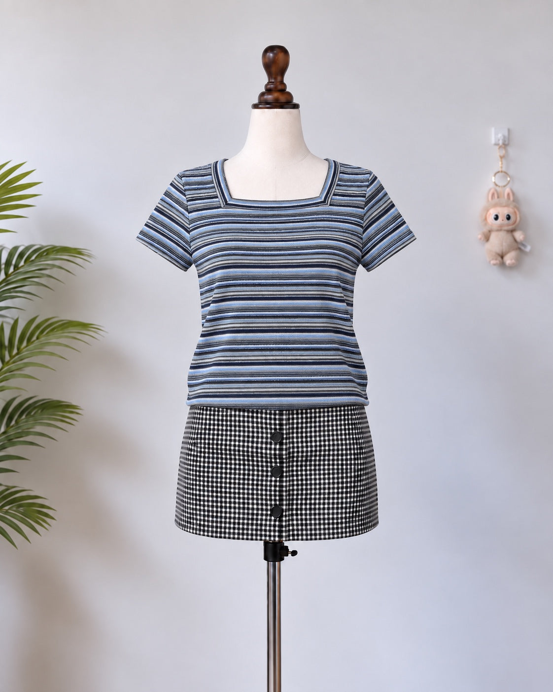 Blue striped square neck short sleeve top