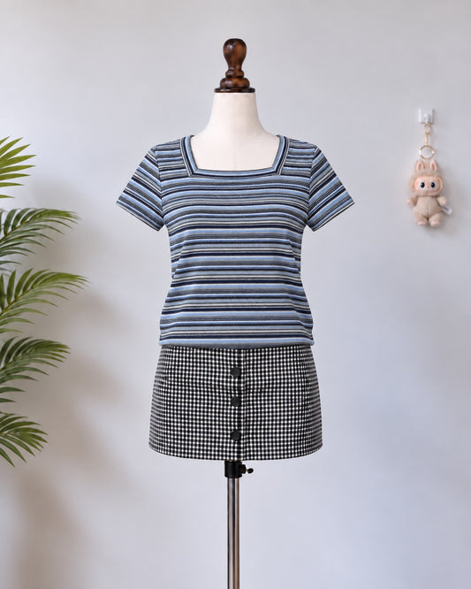 Blue striped square neck short sleeve top