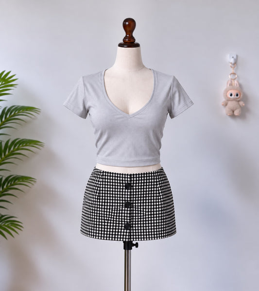 Grey Ribbed V-Neck Crop Top