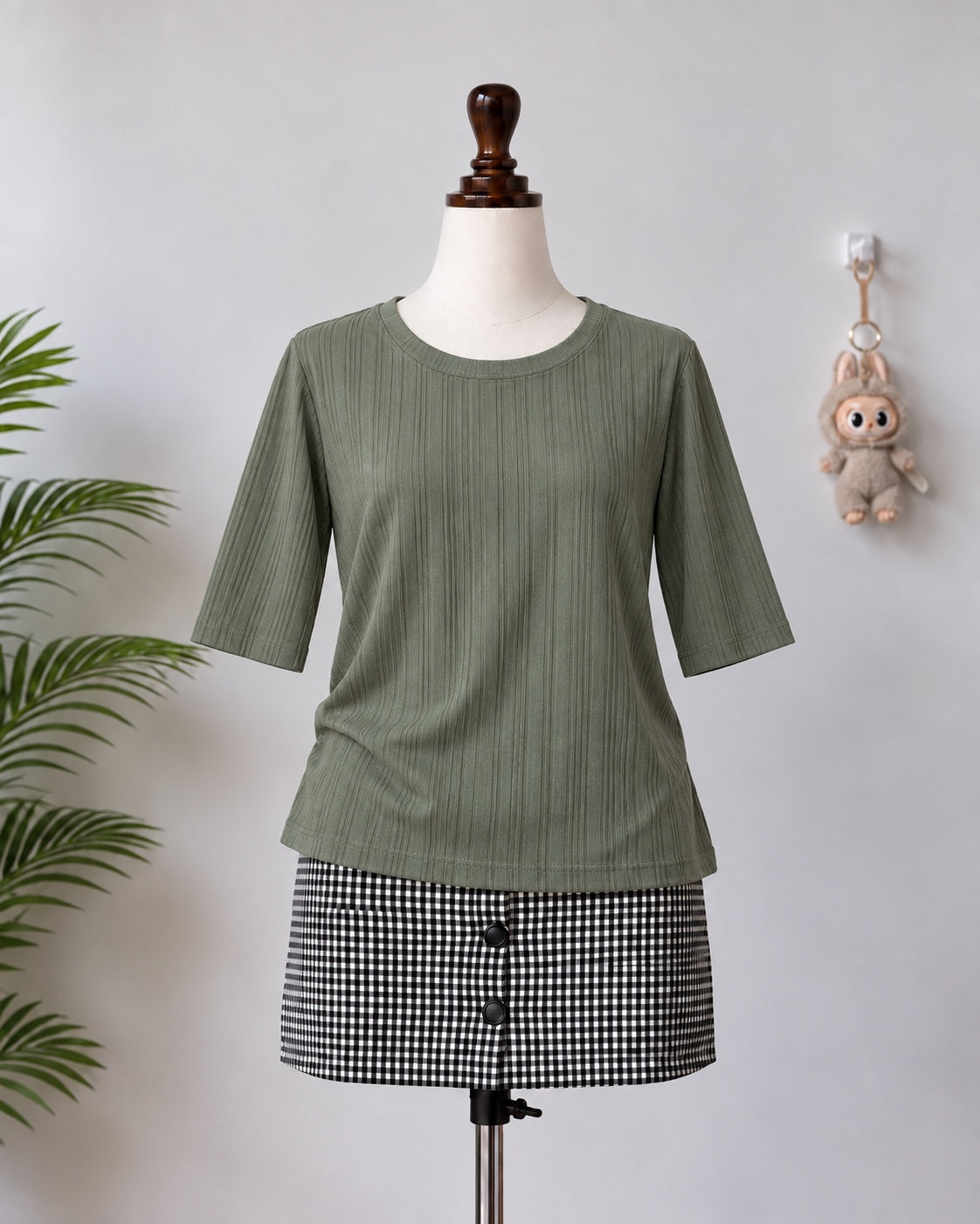 Olive Ribbed Half Sleeve Top