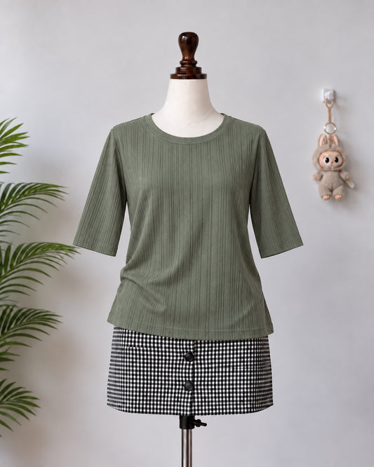 Olive Ribbed Half Sleeve Top