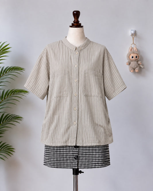 Beige Striped Button-Up Shirt