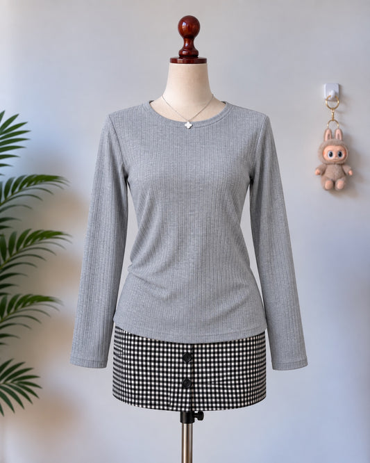 Grey Ribbed Long Sleeve Top