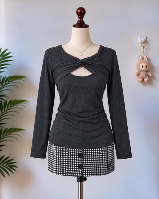 Black Twist Front Long Sleeve Top