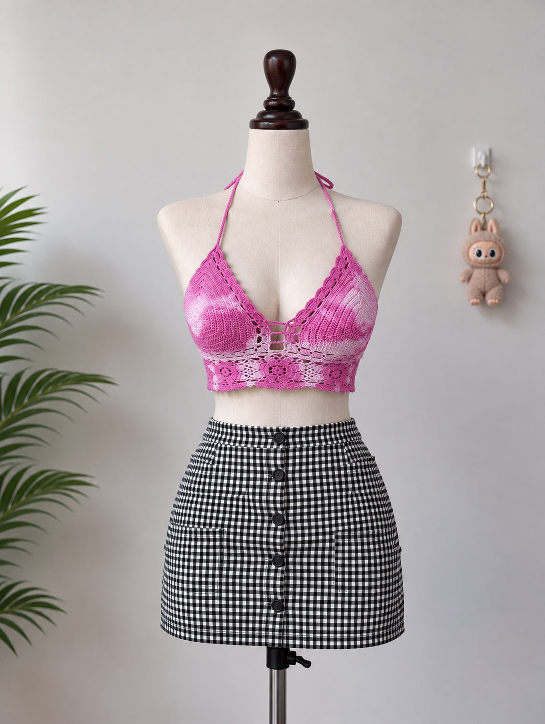 Pink Crochet Halter Crop Top