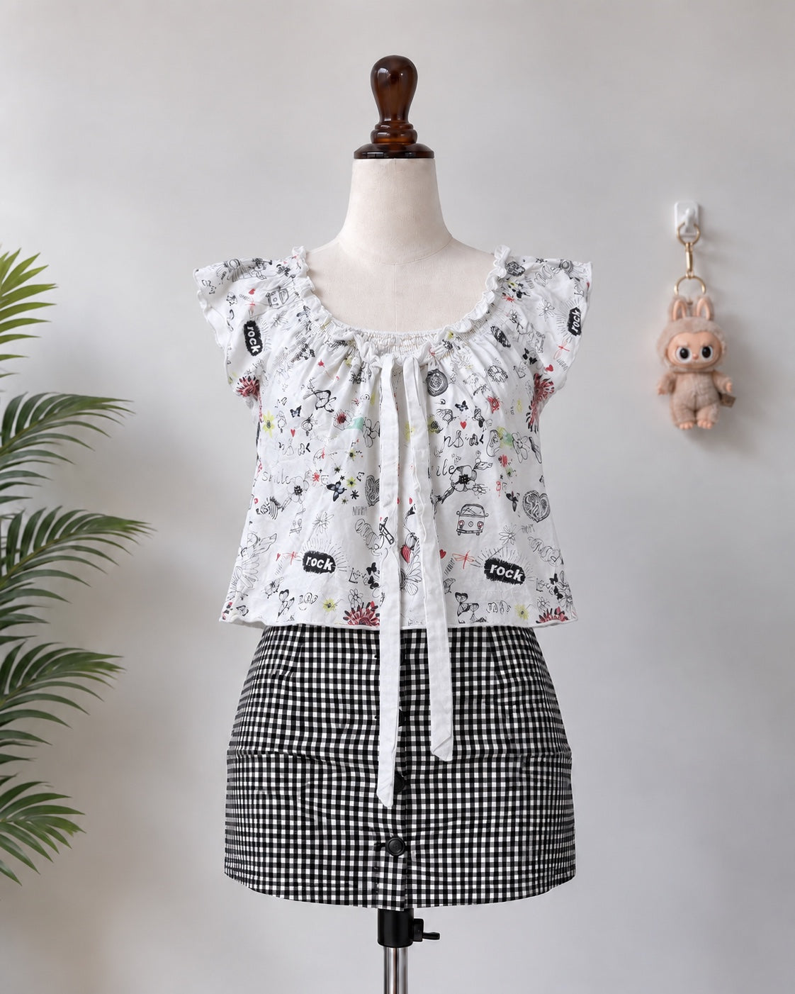 White Printed Tie Front Top
