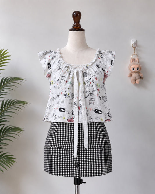 White Printed Tie Front Top