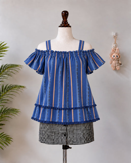 Blue Striped Cold Shoulder Top - M-94