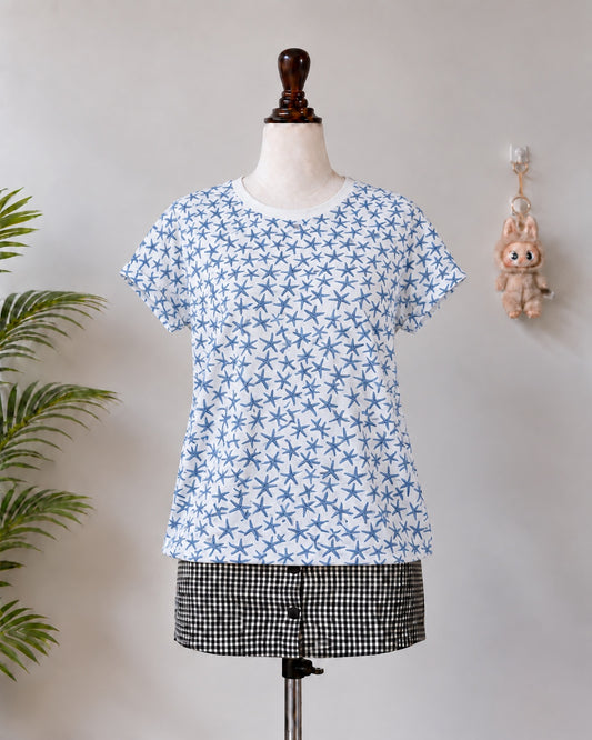 White and Blue Starfish Print T-Shirt - N-1