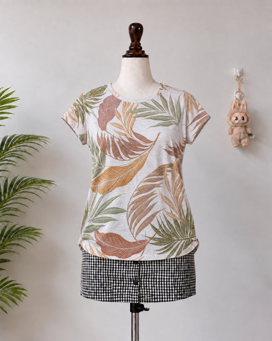 Cream Tropical Leaf Print T-Shirt - N-10