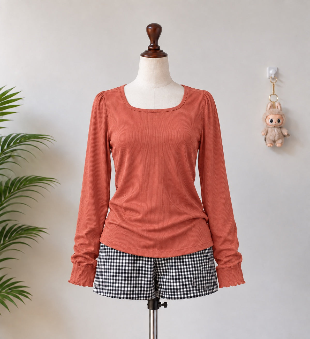 Rust Orange Ribbed Square Neck Long Sleeve Top - N-14