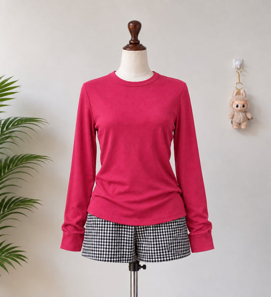 Bright Pink Ribbed Long Sleeve Top - N-15