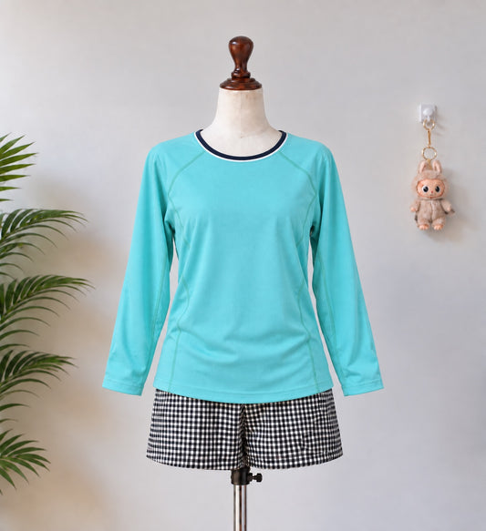 Turquoise Contrast Trim Long Sleeve Top - N-16