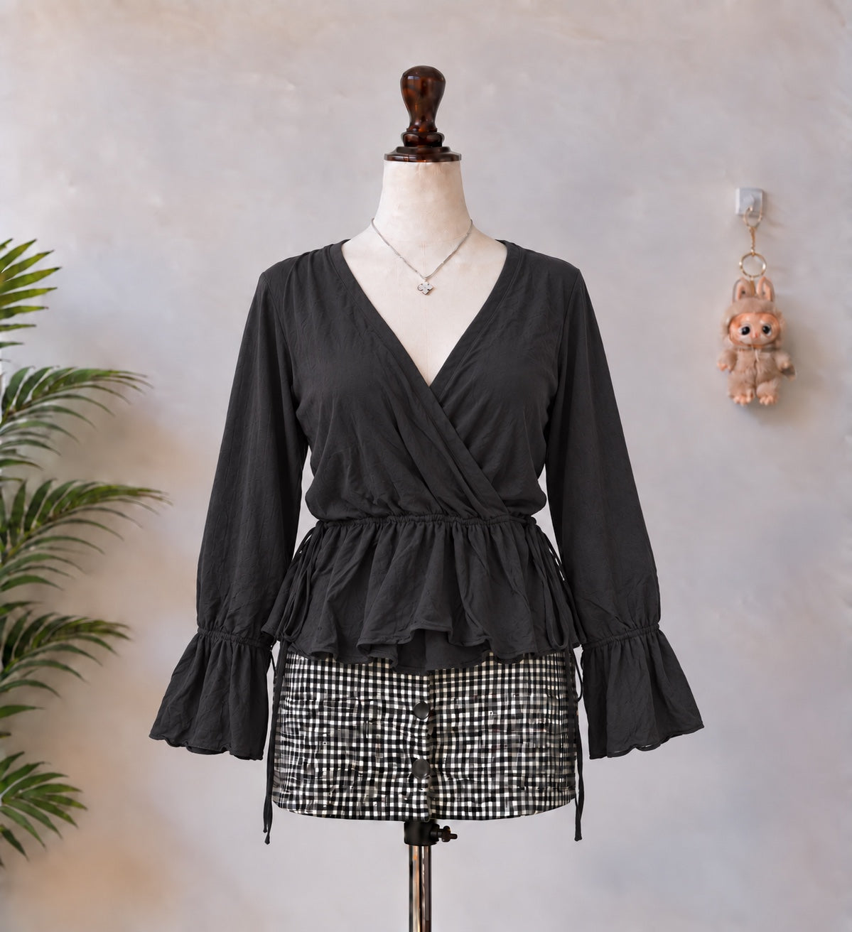 Black Wrap Peplum Bell Sleeve Top - N-17