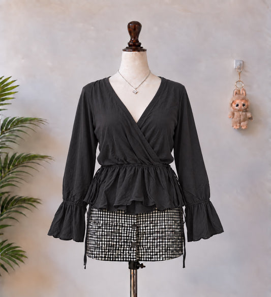 Black Wrap Peplum Bell Sleeve Top - N-17