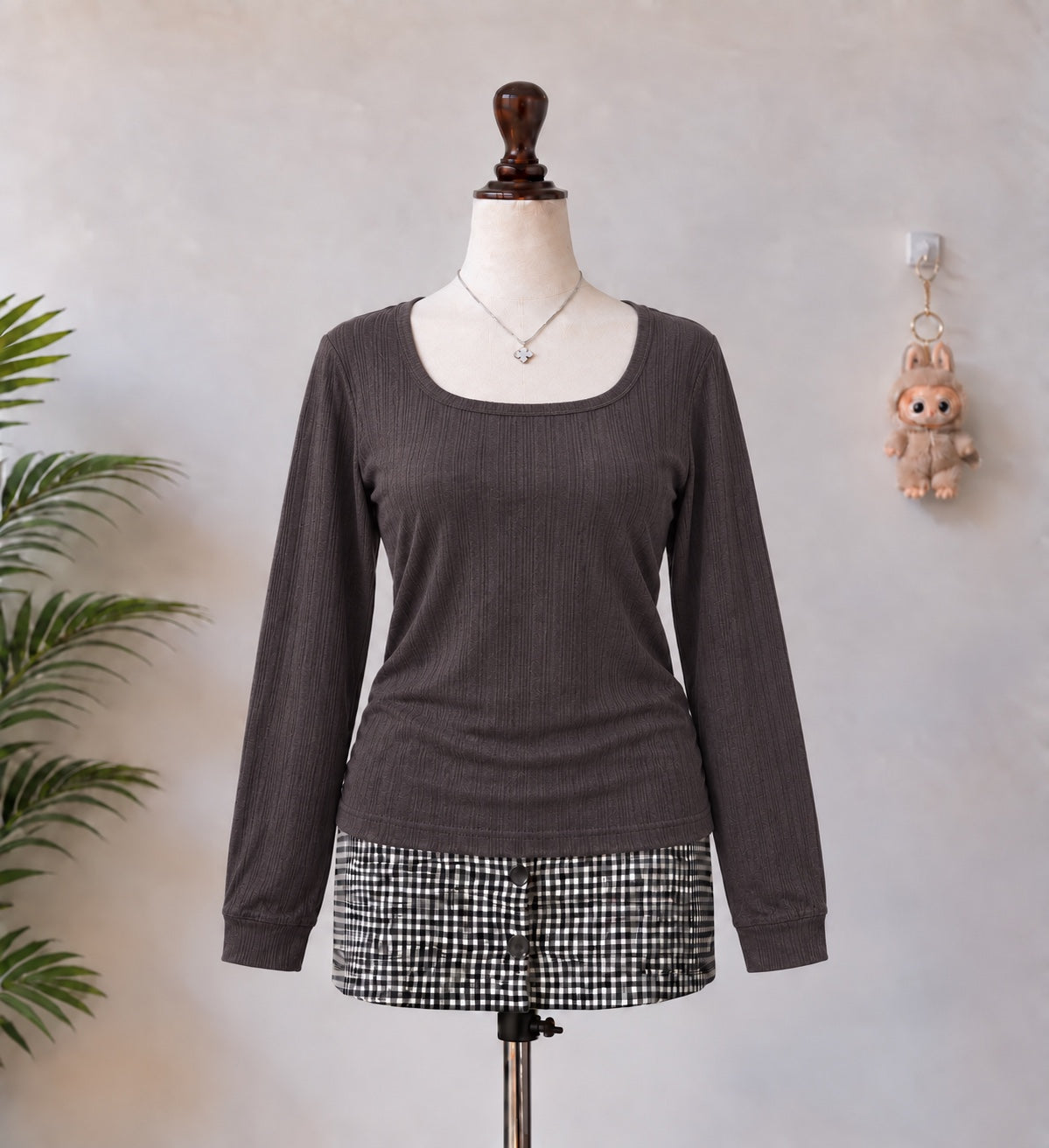 Brown Ribbed Scoop Neck Long Sleeve Top - N-19