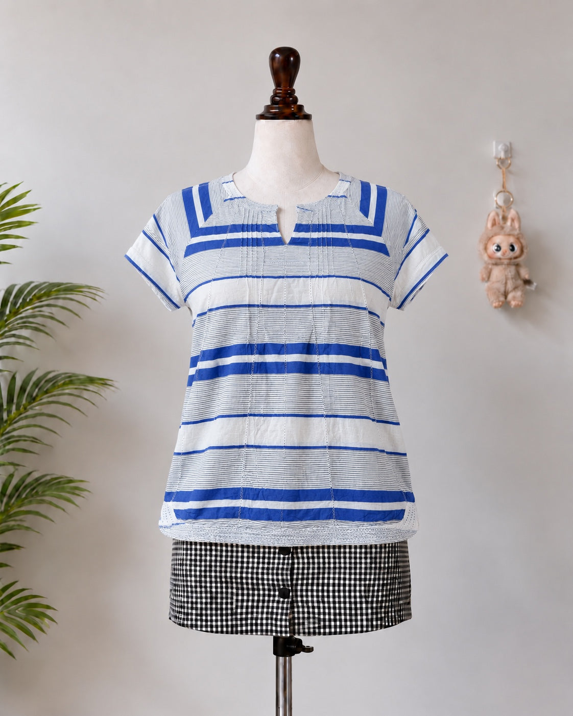 Blue and White Striped Notch Neck Top - N-2