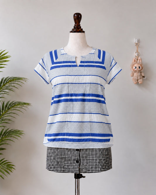 Blue and White Striped Notch Neck Top - N-2
