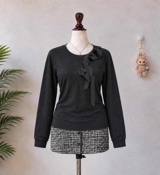 Black Ribbon Detail Long Sleeve Top - N-20