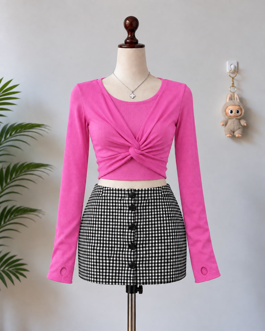 Pink Twist Front Long Sleeve Crop Top - N-22