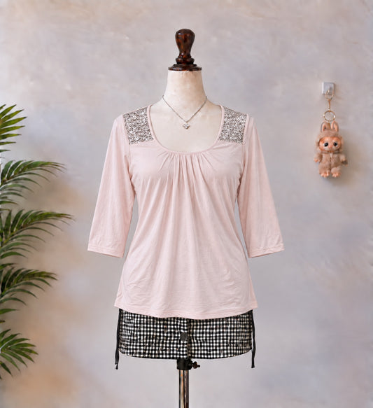 Blush Pink Sequin Shoulder Three Quarter Sleeve Top - N-25
