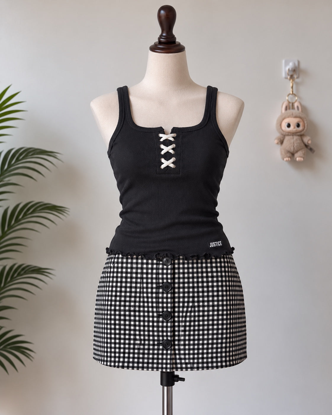 Black Lace-Up Ribbed Tank Top
