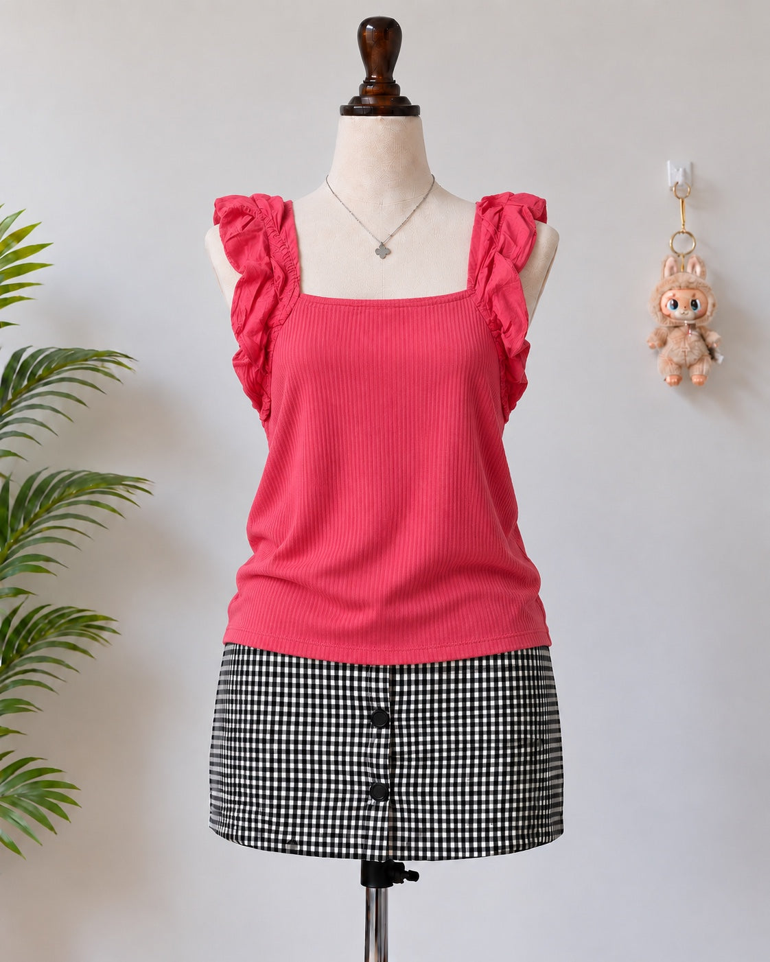 Hot Pink Ruffle Strap Ribbed Top