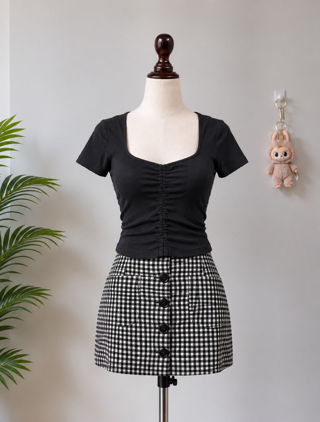 Black Ruched Square Neck Short Sleeve Top