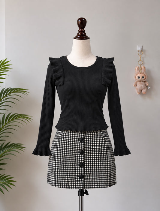 Black Ribbed Ruffle Long Sleeve Top