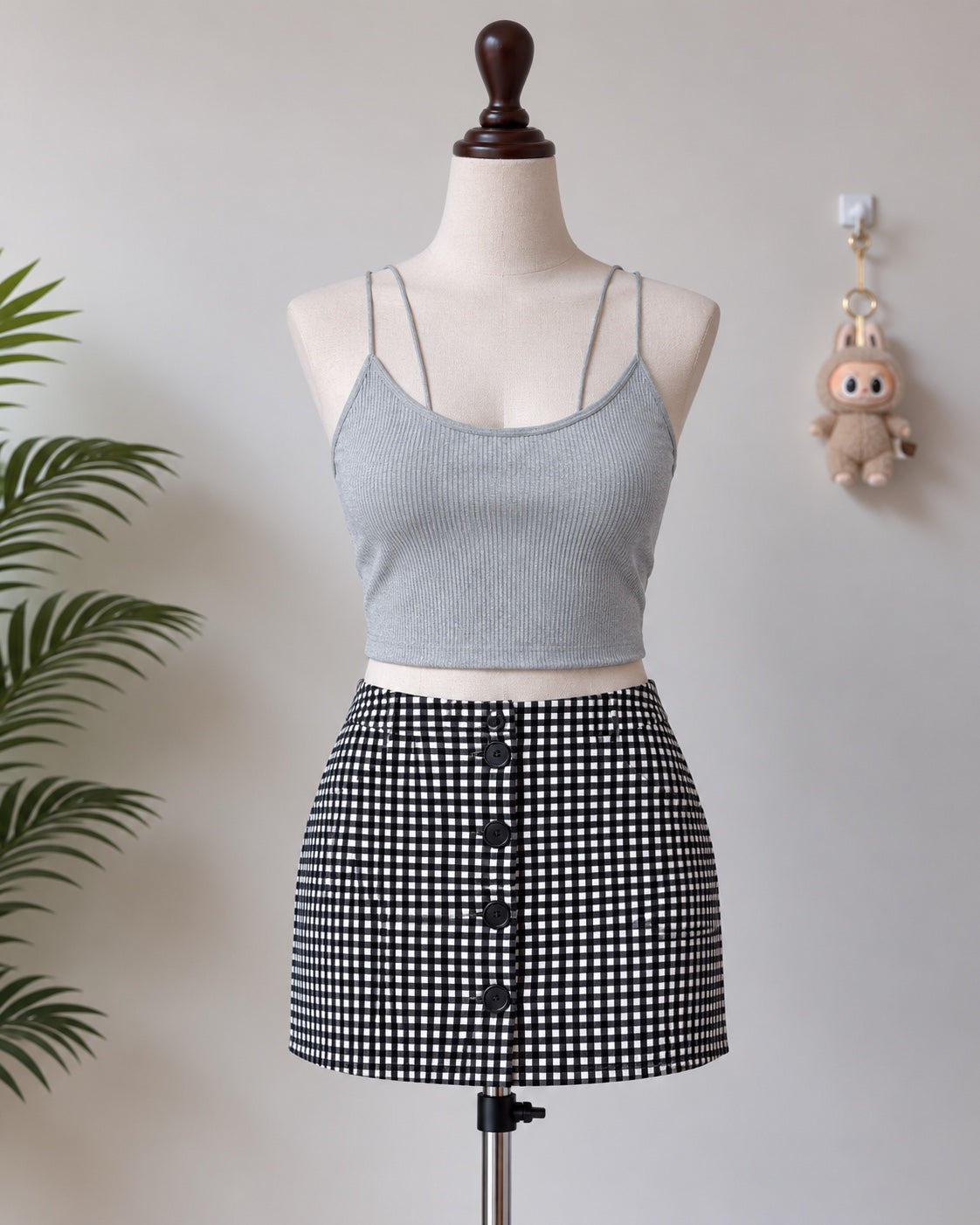 Grey Ribbed Double Strap Crop Cami