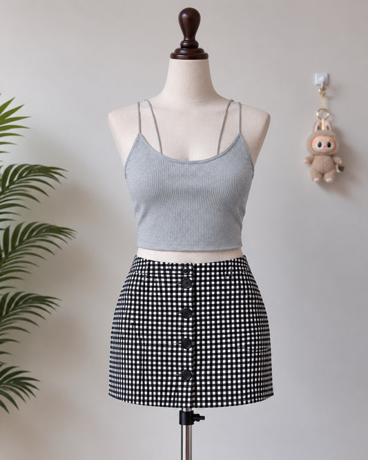 Grey Ribbed Double Strap Crop Cami