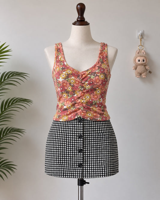 Orange Floral Ruched Tank Top