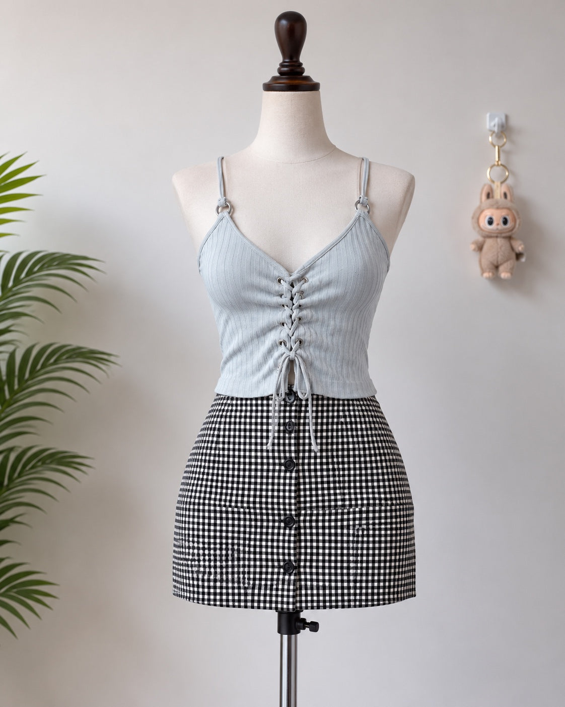 Light Grey Lace-Up Ribbed Camisole Top