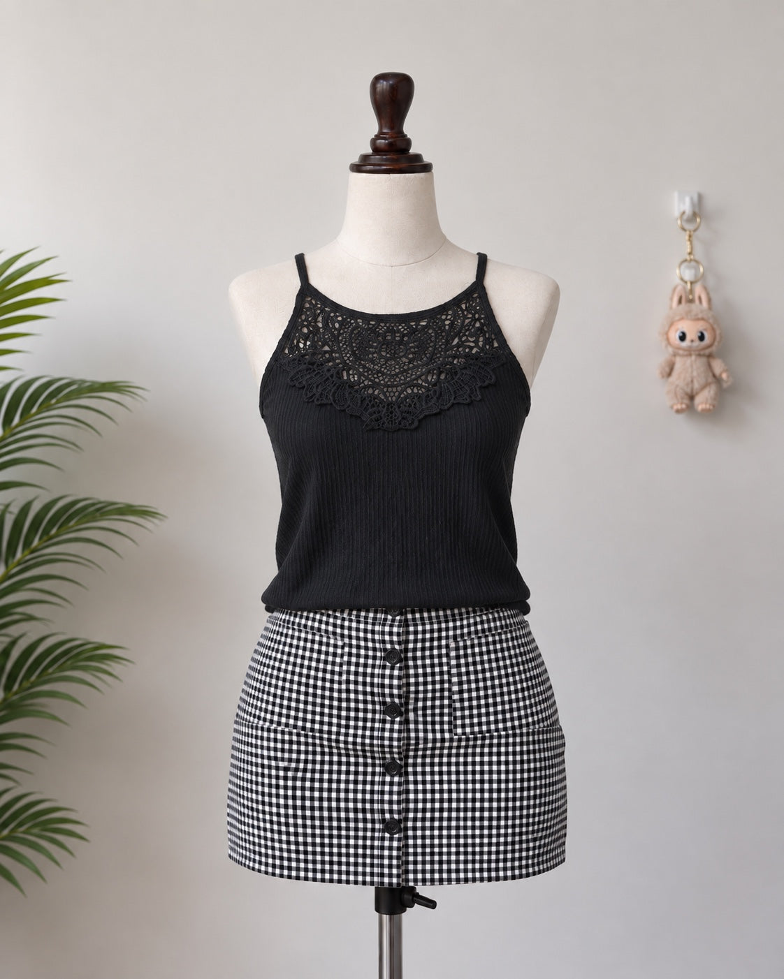 Black Crochet Neck Ribbed Cami Top