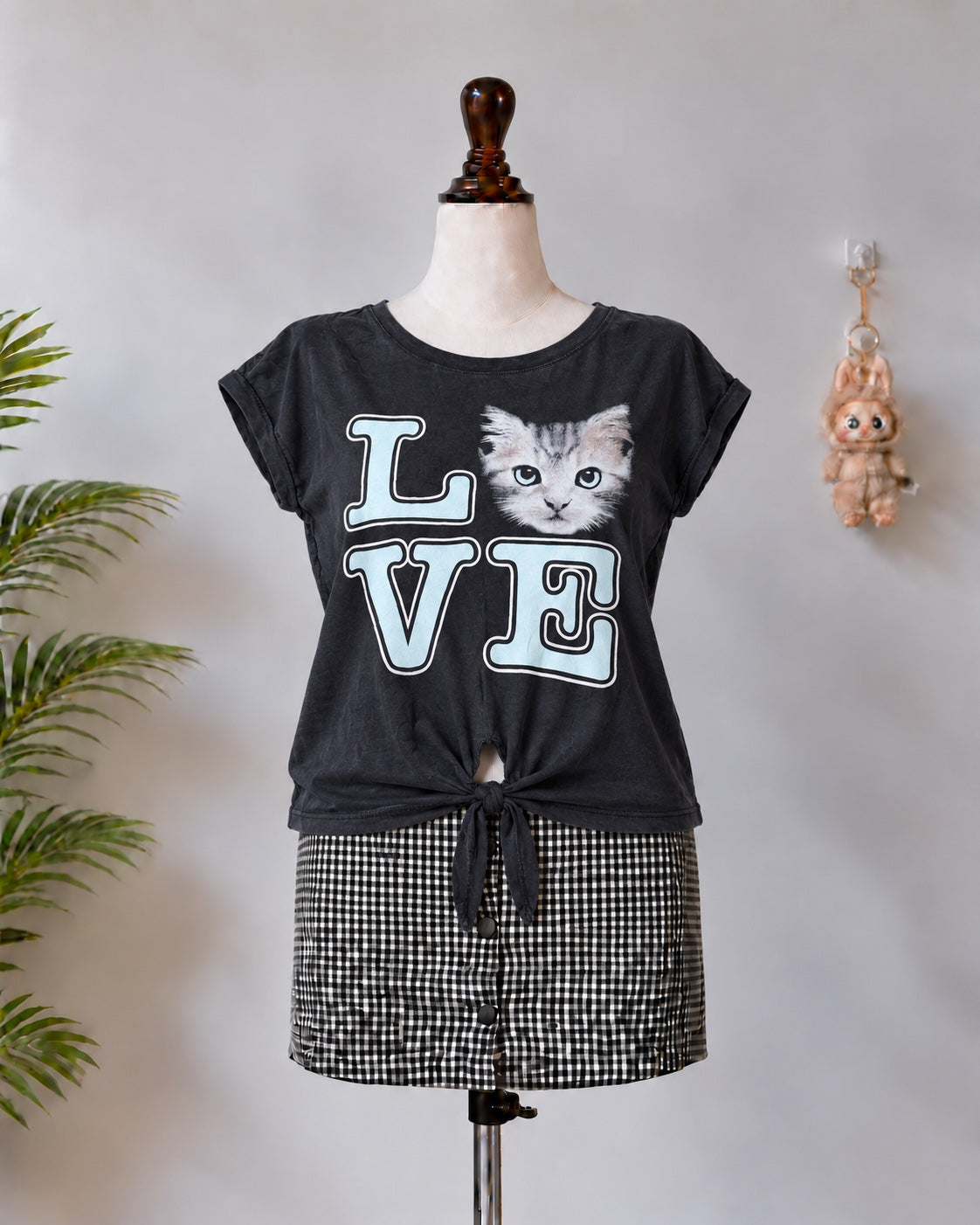 Black Love Cat Tie Front Top - N-7