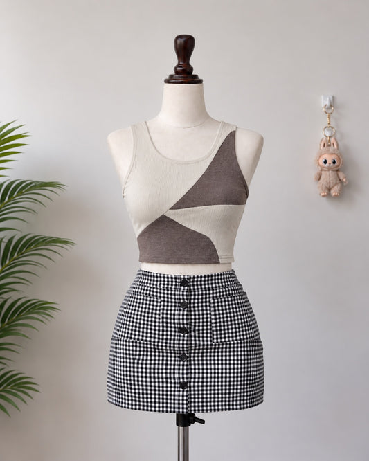 Beige Brown Colorblock Ribbed Crop Tank Top