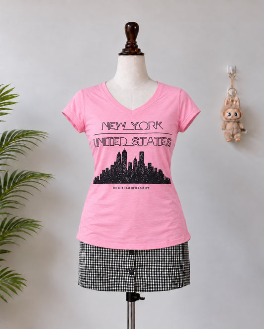 Pink New York Graphic V-Neck T-Shirt - N-8