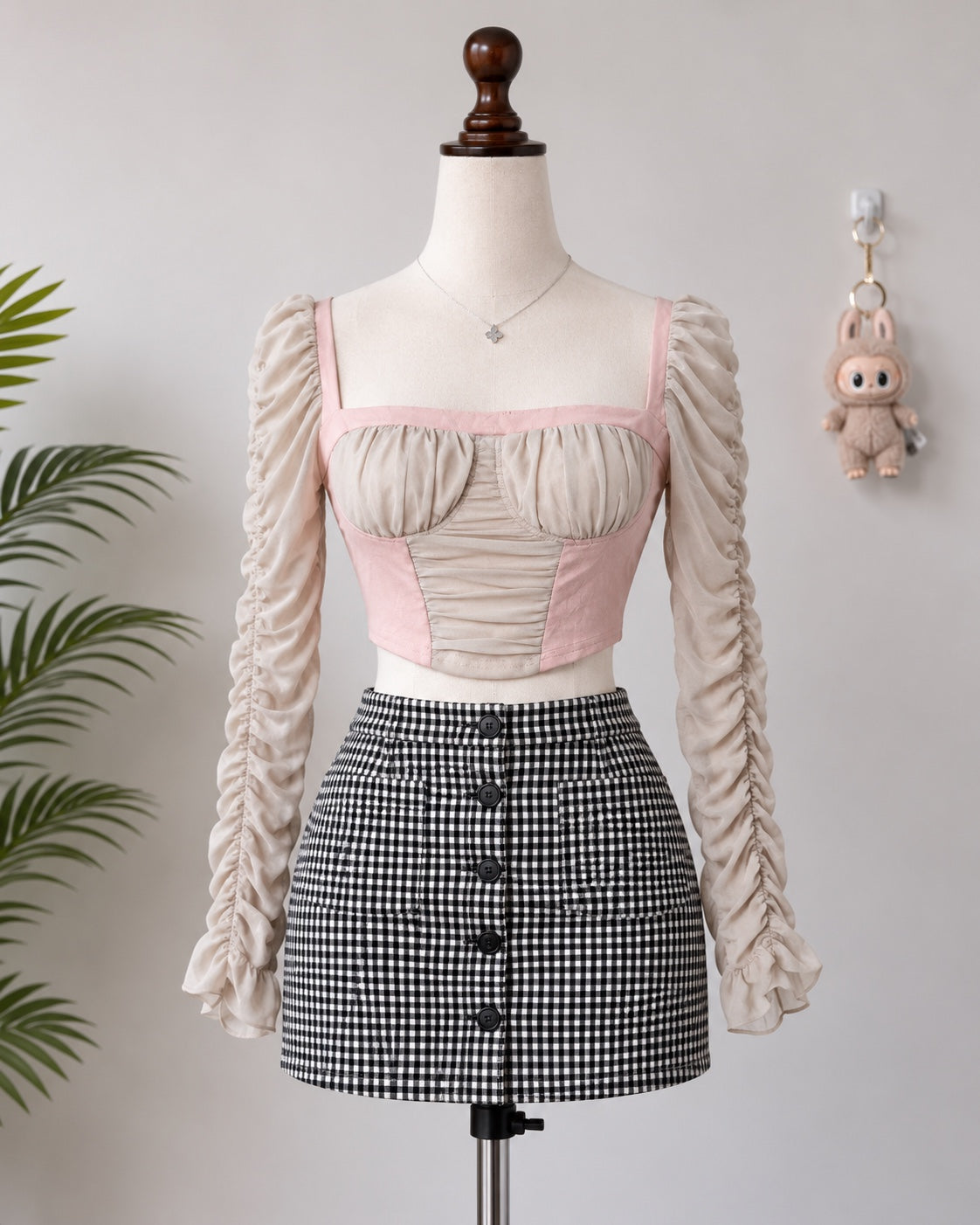 Pink Beige Ruched Crop Top N-88